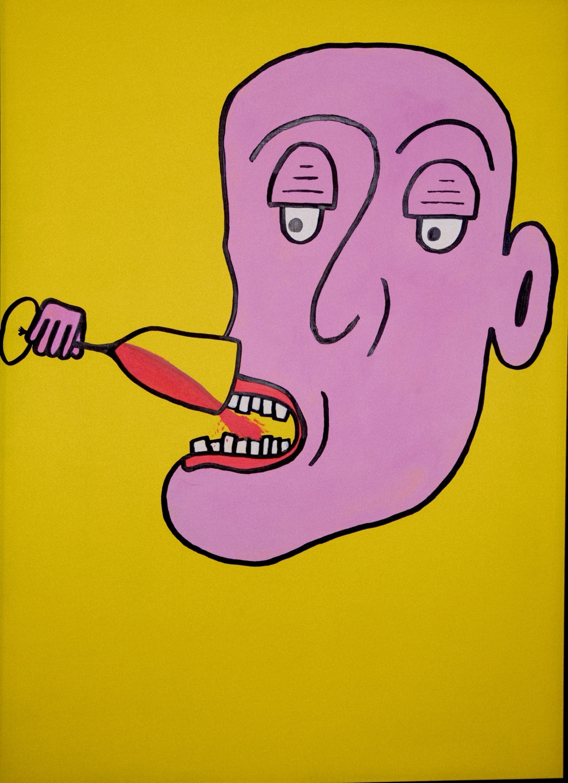 Painting by Marvin Wehrli: a pink face with a hand pouring red wine from a glass into its open mouth, against a yellow background