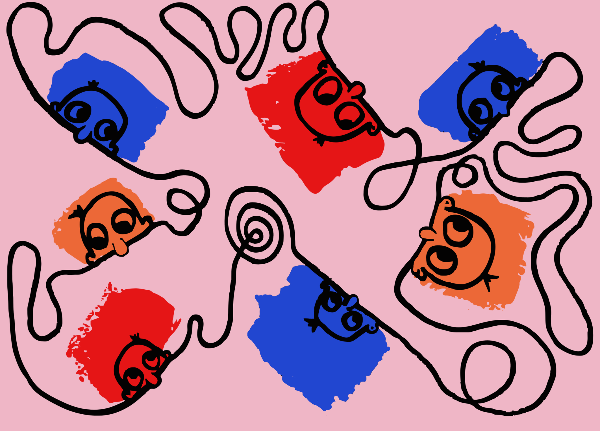 Original hand-painted LUCEO Kid doodle layered over orange, blue, white and pink colour fields