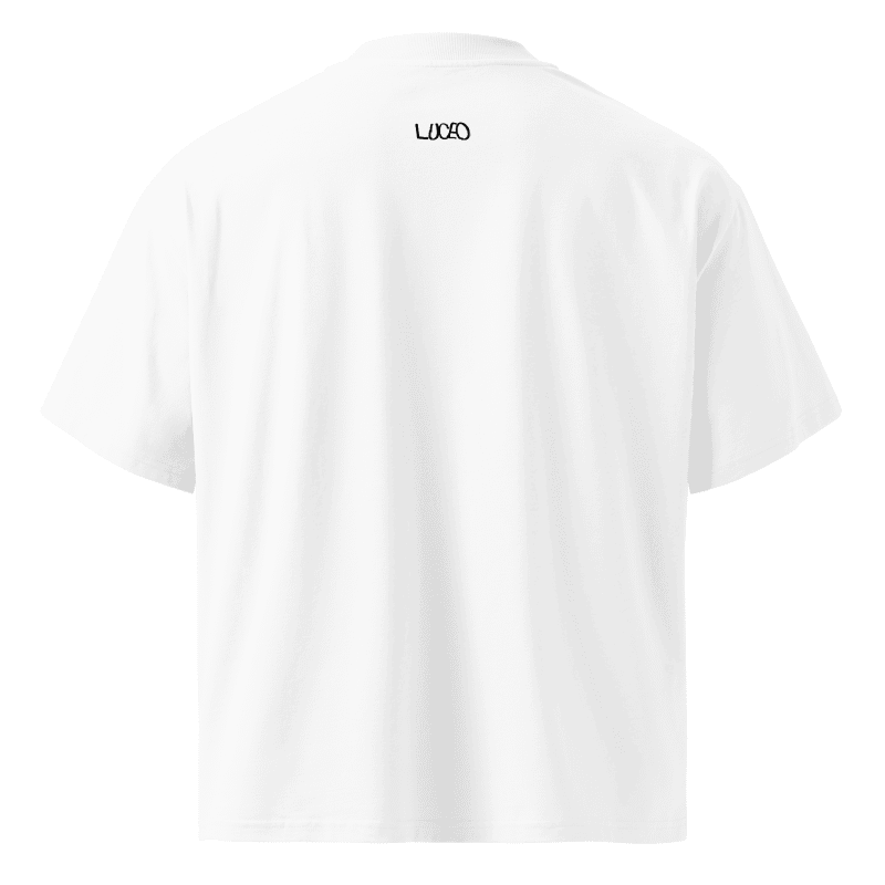 Back of the white oversized LUCEO Kids Tee with a small black neck wordmark